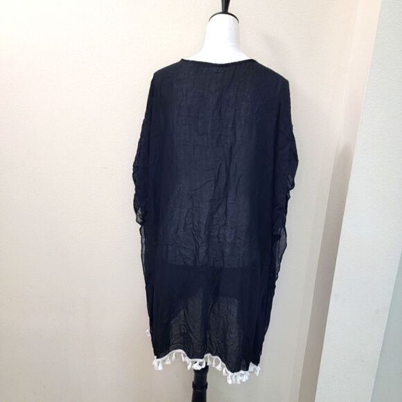 Moss Rose Black Playful Loose Swim Cover Trim Kaftan Chiffon Tassels O/S - Picture 2 of 6